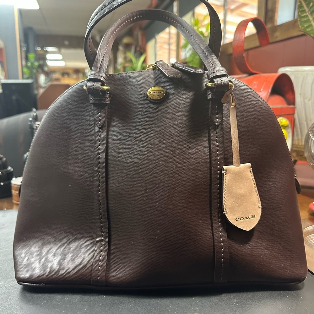 Coach Peyton Leather Cora Domed Satchel in dark brown saffiano leather